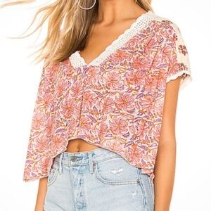 Free People Pink Floral Crochet-Trim Cropped Blouse